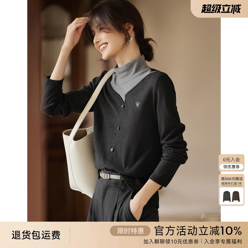 XWI欣未拼色假两件半高领打底衫女2025秋冬简约大方优雅随性上衣