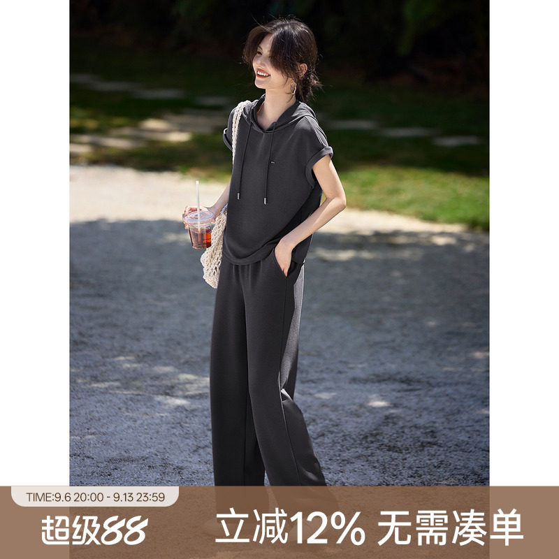 XWI欣未纯色时尚休闲运动套装女2026夏季连帽短袖卫衣裤子两件套