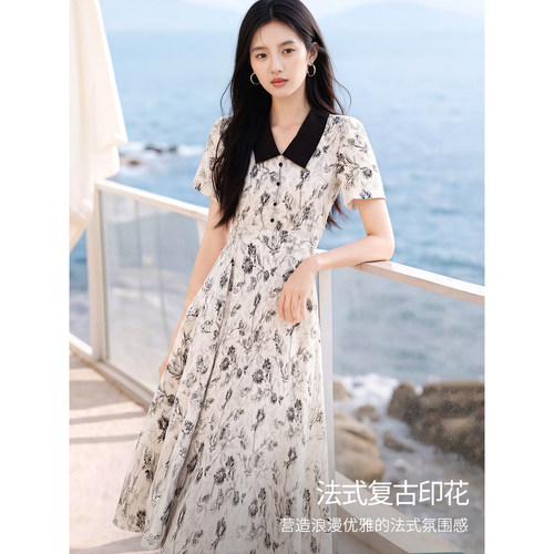 XWI欣未法式复古衬衫领连衣裙女2026年夏季新款碎花显瘦气质长裙