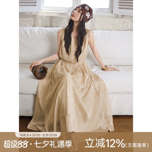 XWI欣未法式度假风无袖连衣裙女夏季腰果印花收腰显瘦飘逸感长裙