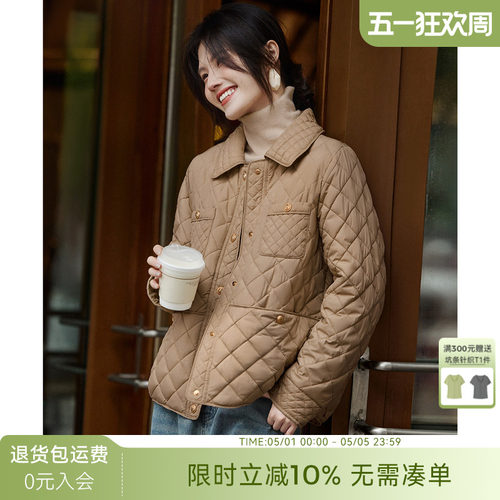 XWI欣未小香风翻领短款菱形格棉服女2025年冬季简约百搭气质棉袄