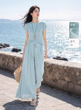 XWI欣未含亚麻莱赛尔针织套装女夏季蓝色上衣飘逸裙裤慵懒两件套