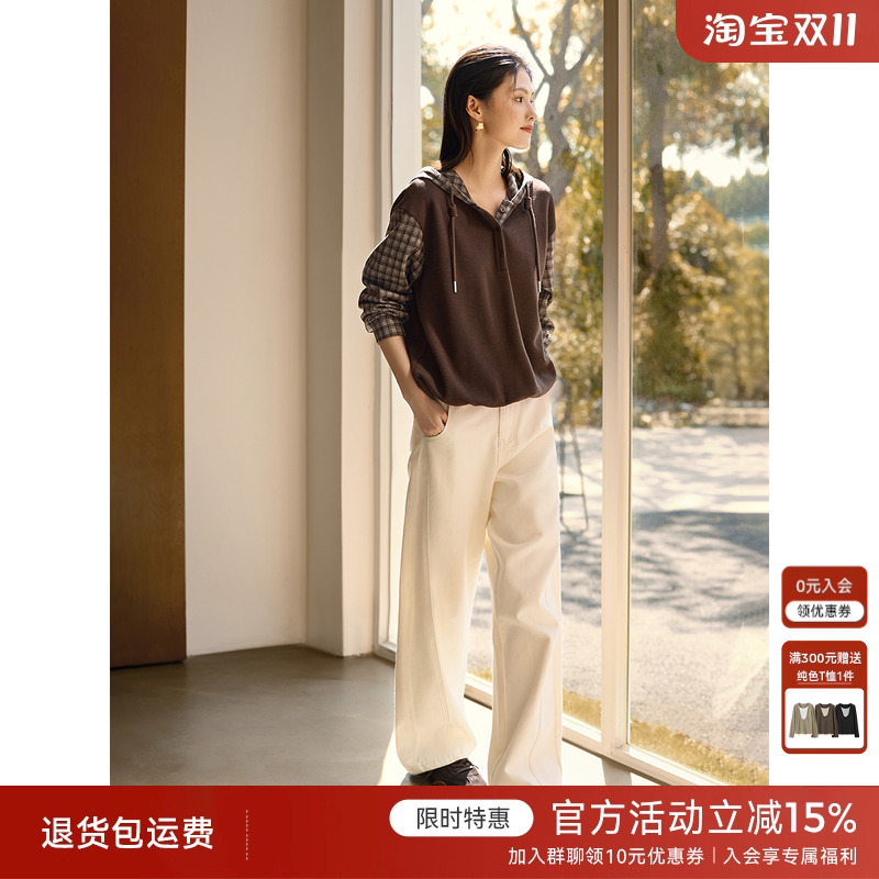 XWI欣未复古假两件格纹拼接卫衣套装女秋冬慵懒风减龄穿搭一整套