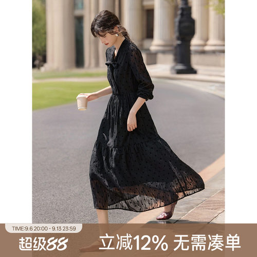 XWI欣未法式优雅飘带领长袖连衣裙女早秋新款植绒波点提花气质裙