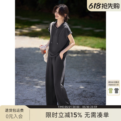 XWI欣未纯色时尚休闲运动套装女2026夏季连帽短袖卫衣裤子两件套