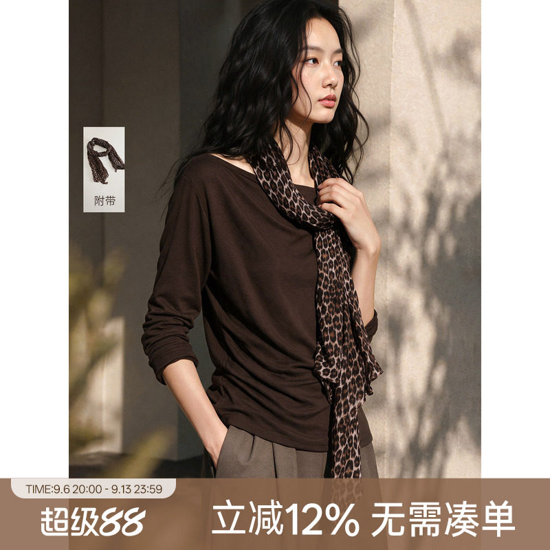 XWI欣未豹纹围巾长袖T恤上衣女士图片