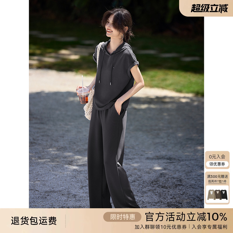XWI欣未纯色时尚休闲运动套装女2025夏季连帽短袖卫衣裤子两件套