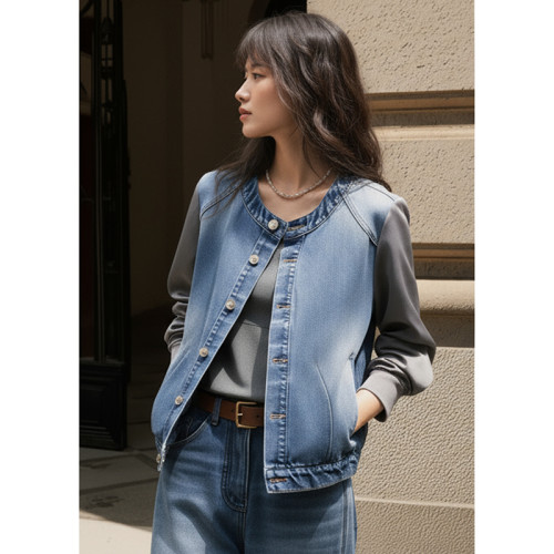 XWI欣未休闲百搭拼接牛仔外套女2026秋季圆领宽松设计感显瘦上衣