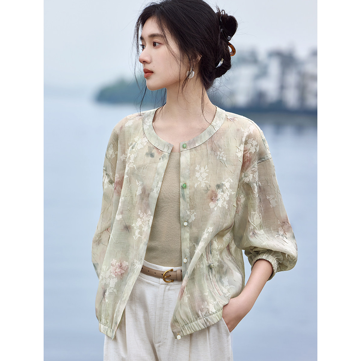 XWI欣未早秋新中式暗花肌理感衬衫外套女夏季薄款漂亮国风上衣