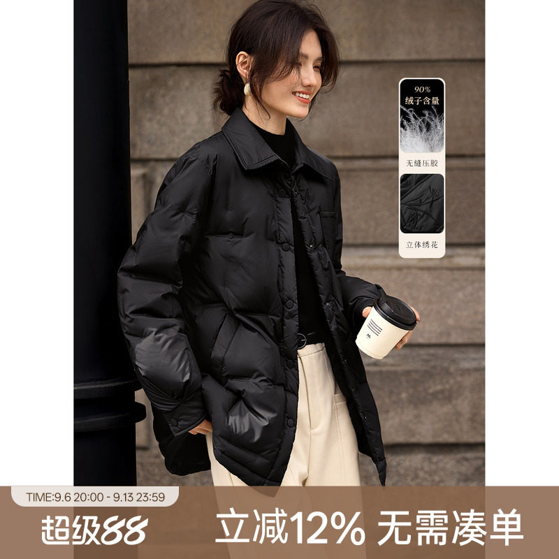 [送打底衫]XWI欣未90白鸭绒衬衫式羽绒服女冬季轻薄显瘦黑色外套图片