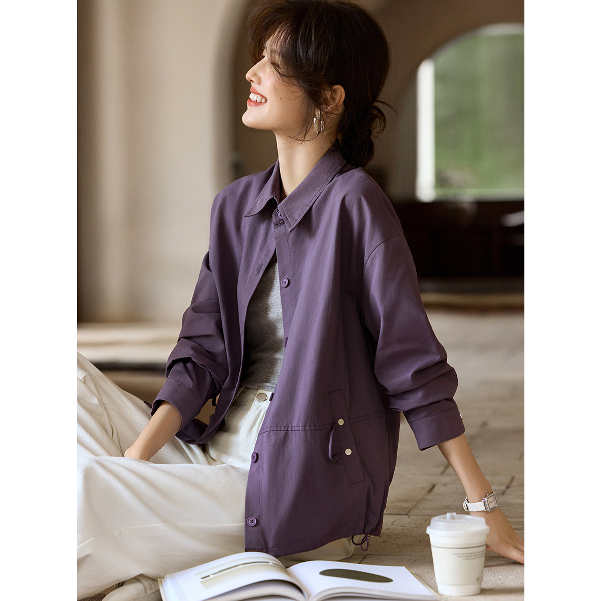 XWI欣未棉质休闲气质知性紫色外套女春季翻领抽绳设计感短款上衣