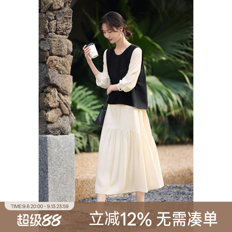 XWI欣未优雅圆领假两件撞色拼接连衣裙女秋季设计感显瘦淑女裙图片