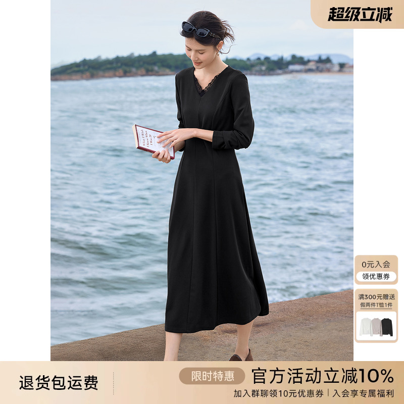 XWI欣未气质优雅蕾丝拼接连衣裙女2025秋季新款赫本风显瘦小黑裙