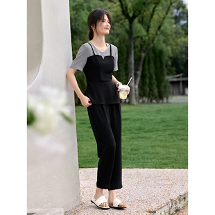 T恤锥形裤 XWI欣未时尚 撞色拼接设计感短袖 女夏季 两件套 休闲套装