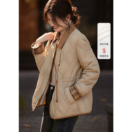 XWI欣未仿兔绒毛格纹撞色夹棉棉服外套女秋冬季抽绳计感棉袄上衣