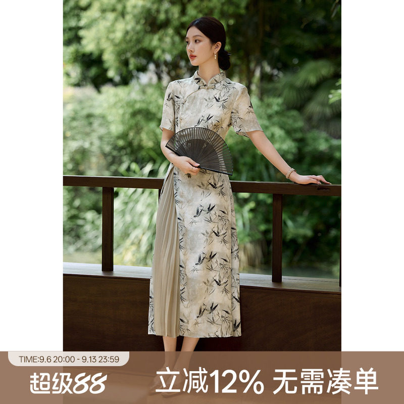 XWI欣未新中式国风印花晕染连衣裙女夏季盘扣设计感改良旗袍裙子图片
