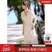 XWI/欣未法式复古连衣裙女夏季收腰显瘦时尚减龄优雅气质蕾丝裙子