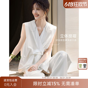 XWI欣未纯棉立体捏褶设计感衬衫女2025年夏季V领无袖白色气质衬衣