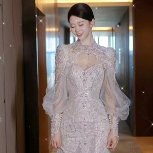 婚礼主婚纱高端婚纱新娘2024新款鱼尾婚纱主婚纱敬酒服重工长袖女