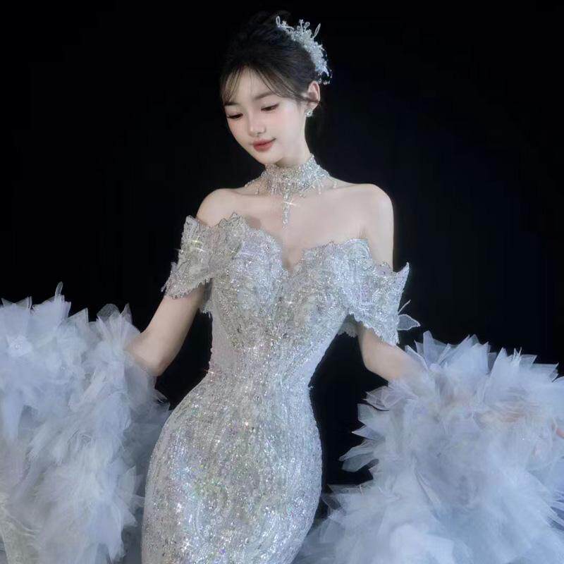 韩式重工超仙可拆卸迎宾订婚宴会出门纱修身结婚婚纱礼服敬酒服