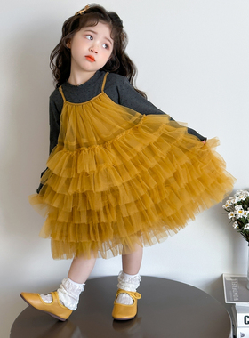女童连衣裙黄色吊带裙套装秋季儿童春秋宝宝生日蓬蓬公主裙子秋装