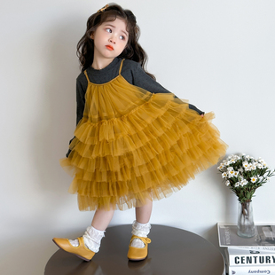 女童连衣裙黄色吊带裙套装春季儿童春秋宝宝生日蓬蓬公主裙子春装