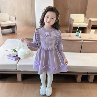 拜年服2025新款 紫色女寶寶毛衣裙子 兒童冬季 女童連衣裙加絨秋冬款