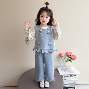 女童春秋牛仔三件套装2026新款洋气时髦儿童女宝宝春季春装蝴蝶结