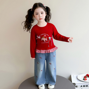 女童春秋红色牛仔裤套装2026新款洋气时髦儿童女宝宝春季春装早春