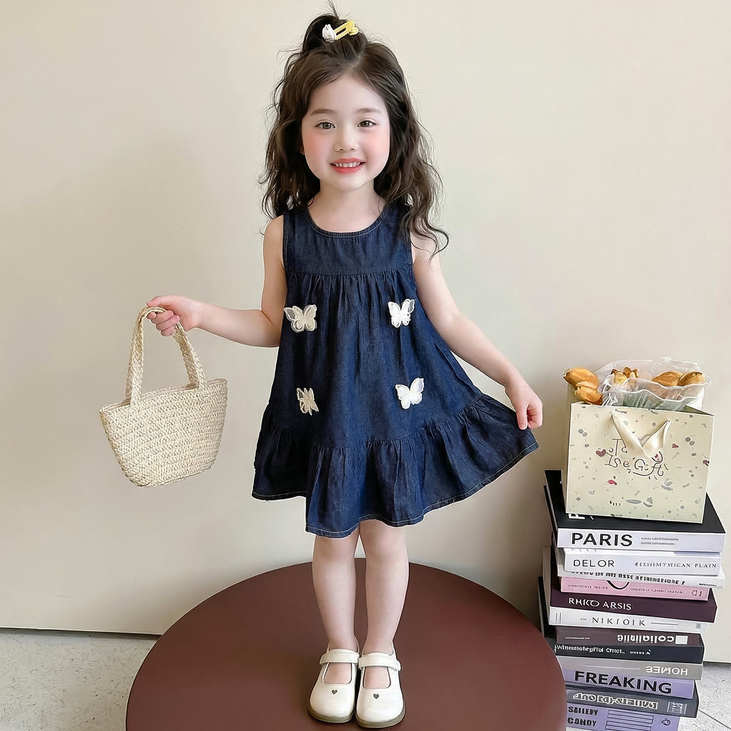 女童纯棉蝴蝶牛仔裙子夏装2026新款儿童夏季连衣裙女孩宝宝公主裙