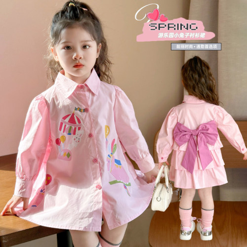 女童春秋衬衫裙子春装2026新款儿童洋气春季连衣裙女孩宝宝蝴蝶结