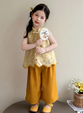 女童汉服套装夏款2025新款儿童黄色小女孩宝宝花朵夏季夏装新中式