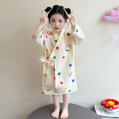 女童春秋长袖卡通系带睡袍
