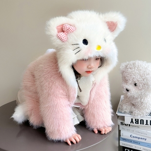 女童加绒加厚毛毛衣秋冬装2025新款儿童冬季猫咪女宝宝仿皮草外套