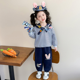 女童春秋款蓝兔套装2026新款洋气时髦儿童女宝宝春季春装早春卫衣