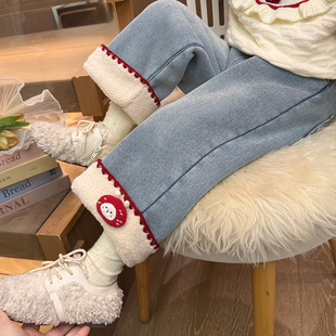 女童加绒加厚牛仔裤冬季儿童裤子2026新款美帝宝宝冬装阔腿直筒裤