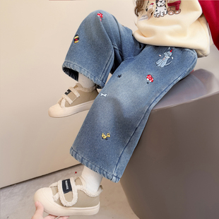 女童裤子秋冬季2025新款儿童加绒直筒裤女宝宝一体绒加厚绒牛仔裤