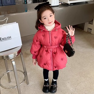 冬装 儿童红色女宝宝爱心白鸭绒中长款 外套 2025新款 女童羽绒服冬季