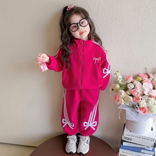 小女童2026春秋拉链洋气女宝宝新款春季蝴蝶结套装运动春装儿童装