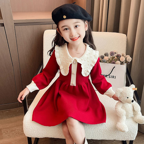 女童毛衣裙子春秋拜年服红色冬季