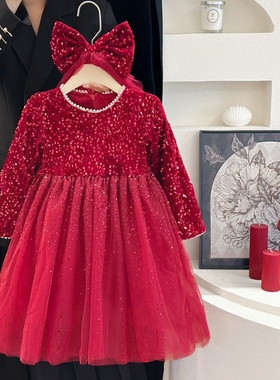 女童秋冬季加绒连衣裙红色小女孩拜年服生日礼服儿童新年亮片裙子