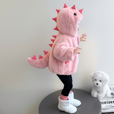 女童秋冬季毛毛外套2025新款儿童宝宝冬装加绒加厚粉色恐龙仿皮草