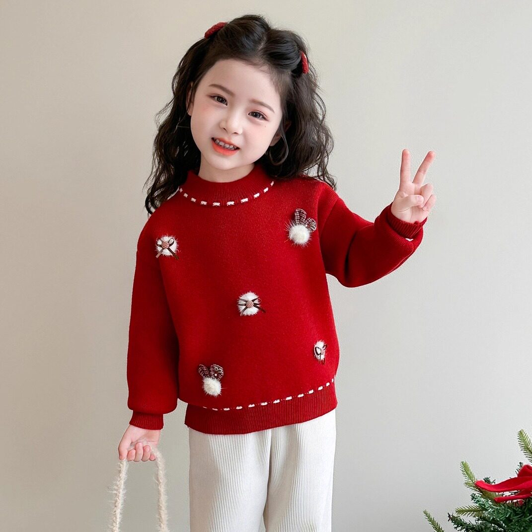 儿童毛线衣女童内搭2026新款加厚红色秋冬季针织毛衣女宝宝打底衫