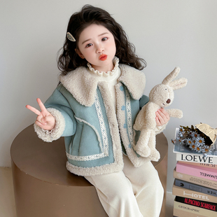女童加绒外套秋冬装2025新款儿童加厚花边女宝宝冬季皮毛一体初冬