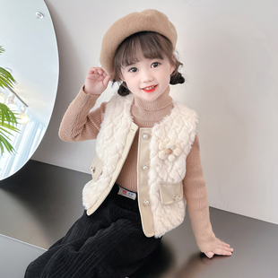 女童马甲秋冬款2025新款儿童羊羔毛坎肩外穿背心花朵宝宝加绒冬季