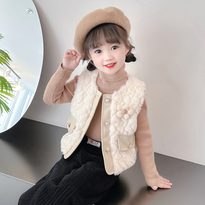女童马甲秋冬款2025新款儿童羊羔毛坎肩外穿背心花朵宝宝加绒冬季