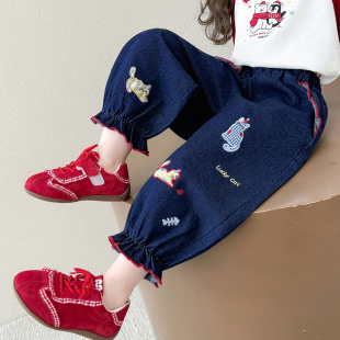 女童牛仔裤春秋款2026新款儿童春季女宝宝猫咪春装直筒裤束脚裤子