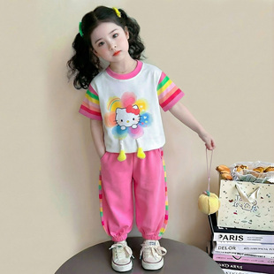 女童夏季款套装2026新款洋气时髦儿童短袖女宝宝夏装猫咪休闲夏天