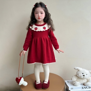 女童针织连衣裙秋冬季2025新款儿童红色女宝宝草莓毛衣裙子拜年服