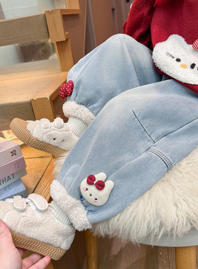 女童牛仔裤子秋冬季2026新款儿童加绒猫咪女宝宝一体绒加厚休闲裤